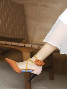 橙色尖头镂空高跟鞋、黑色绒面高跟鞋、撞色搭扣高跟鞋、马卡龙色拼接高跟鞋、紫红色公主高跟鞋、优雅派对鞋 - 橘色 - 查看 12