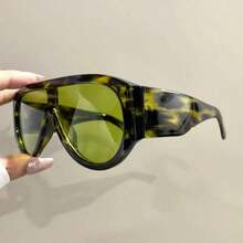 2D Flat Punk Frog-Shaped Glasses - Oversized Flat Top Frame With Metal Hinges, Black Tortoiseshell Decoration, Unisex Fashion Accessories, Bold Design,  And Unique Piece, Fashion Forward Glasses - 綠豹 - 查看 8