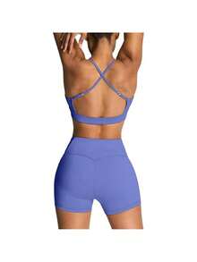 Women's Workout Sets 2 Piece Yoga Outfits High Waisted Yoga Leggings Shorts And Sports Bra Gym Clothes Tracksuit - 藍色 - 查看 6