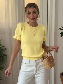 Áo thun nữ cỡ lớn, màu trơn, cổ tròn, tay ngắn, viền bèo nhún, dáng rộng, chất liệu len pha, thích hợp cho mùa xuân và mùa thu. - Màu vàng - Xem 4