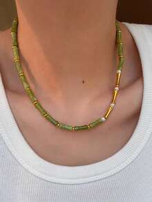 1入款天然橄欖綠色石竹節玉和淡水珍珠項鍊，女性豪華鎖骨鏈，適合日常佩戴