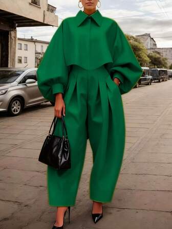 Women's Fashionable Minimalist Solid Color Short Shirt And Pants 2 Pieces Set, Suitable For Casual, Daily And Commuting, Autumn/Winter