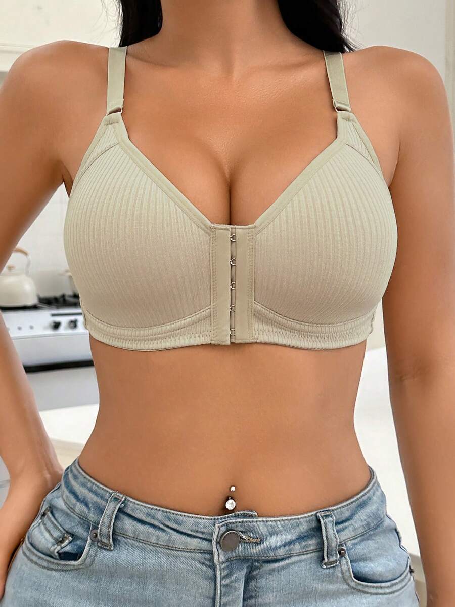 Full Bust Wirefree Bra - Front Hook & Adjustable Straps | Supportive Ribbed Design With Fixed Pads-Engineered For C-E Cups (1 Piece) - Beige - View 1