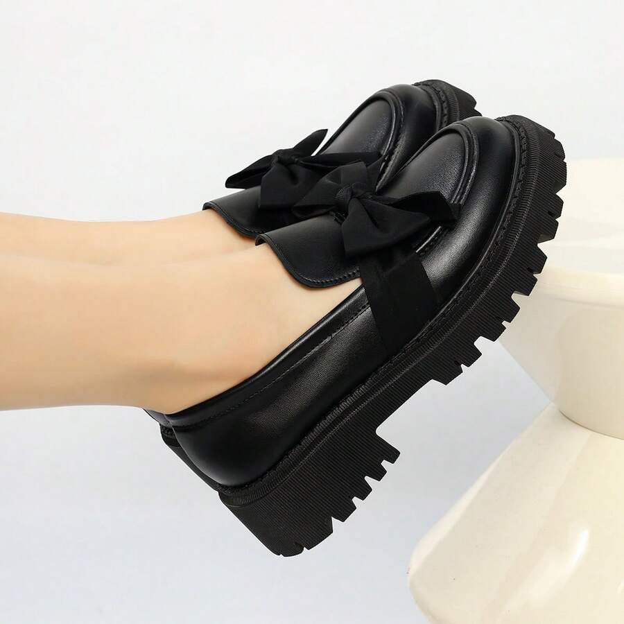 Comfortable And Versatile Platform Loafers For Women, Black With Bow Embellishment, Soft Sole, Comfortable And Height-Increasing, Suitable For Everyday Casual Wear, Parties, And Dates. - 黑色 - 查看 1
