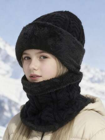 1 Set 8Y-16Y Kids' Solid Color Knit Hat And Scarf, Autumn/Winter Warm Thick Soft Simple Stylish Hat And Scarf Set, Suitable For Outdoor Activities, Sports, Cycling