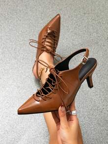 صندل نسائي ذو كعب عالٍ مع رباط وأصبع مدبب، صندل ذو كعب عالٍ مع حزام مفتوح، كعب عالٍ متعدد الاستخدامات - بني - مشاهدة 2