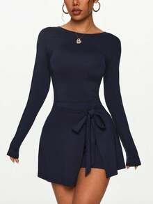 Women's Summer Anti-Exposure Tight Sports Dress, Sexy Slit Lace-Up U-Back Tennis Skirt - Navy Blue - View 9