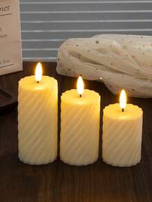 Plastic Beige Gear Striped Electronic Flameless Candle Set, Modern Flameless LED Party Candles, Faux Stone Wax Material Home Decor Candle Accessories