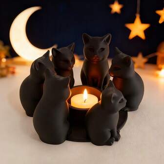 1个哥特复古黑色节日烛台，节日装饰烛台，6只猫咪坐姿设计 | 创意可爱圆形猫咪烛台，烛台支架，3D打印塑料斋月雕像桌面摆件，适用于家居、客厅、新年、斋月、开斋节、生日礼物、季节性展示 - 节日派对装饰、家居桌面摆件、完美礼物，不含蜡烛