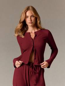 Conjunto coordinado de mujer de punto acanalado, con chaqueta de punto con botones y pantalones anchos con cordón, ropa de estar en casa para otoño e invierno, de ajuste relajado, moderno, de dos piezas - Burdeos - Ver 5