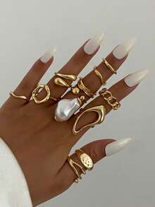 11pcs/Set Vintage Punk Baroque Faux Pearl Asymmetric Water Drop Hollow Ring Set, Fashionable Geometric Design Rings, Suitable For Women's Daily Outfit And Party Accessories