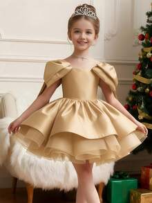 Young Girl' Elegant Champagne Satin Short Sleeve Short Dress, Suitable For Birthday Party, Celebration, Flower Girl Wedding, Bridal, Princess Dress, Photo Shoot, Easter, Vacation - Rượu sâm banh - Xem 6