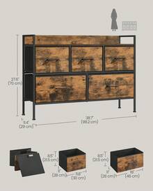 Chest Of Drawers For Bedroom, 5 Fabric Drawers With Handles, Storage Organiser Unit, For Living Room, Hallway, Steel Frame, Rustic Brown And Ink Black - Brown - View 4