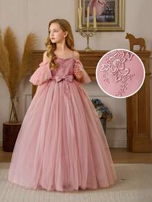 Tween Girl Pink Lace Trim Bow Elegant Christmas Party Dress, Princess Dress Suitable For Girls Birthday Party, Flower Girl Wedding, Teenager Prom, Thanksgiving, Graduation Ceremony - Pink - View 6