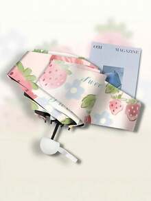 1pc Watercolor Strawberry Automatic Umbrella, Women's Sunscreen UV Protection Folding Parasol, Suitable For Sunny And Rainy Days