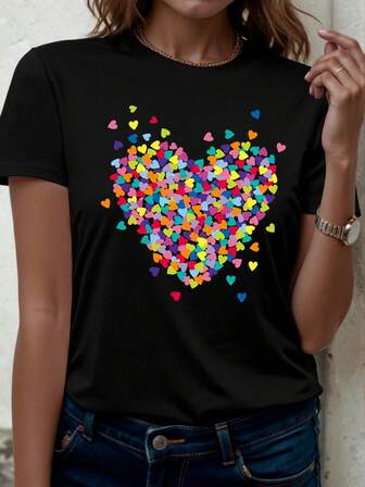 Camiseta de mujer de manga corta casual con estampado, estampado de corazones de colores, adecuada para todas las estaciones, camiseta de manga corta para el Día de San Valentín.