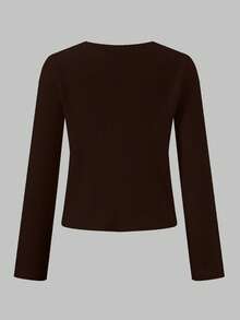 Áo khoác cardigan nữ dáng ôm, màu trơn, cổ chữ V, vai rớt, cài cúc kim loại, xẻ tà, tay dài, chất liệu dệt kim, thích hợp mặc ngoài vào mùa xuân/hè/thu. - Cà phê nâu - Xem 7