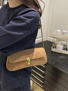 新款时尚金属装饰仿麂皮手提单肩包，适合派对、郊游、度假、购物和日常使用，可存放硬币、手机，也适合办公室女士、大学生和职业女性作为工作包，优雅女士包。 - 棕色 - 查看 2