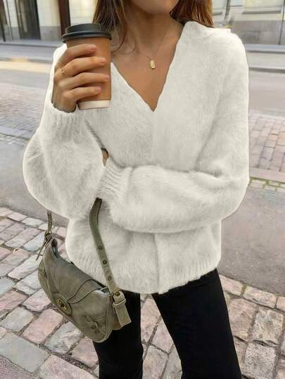 FOR BEAUTY Autumn/Winter New Solid Color Casual Loose Long Sleeve Knit Sweater, Fashionable, Elegant, Minimalist Oversized Cardigan, Soft & Warm, Suitable For Daily Commute, New Year Sweater Jacket