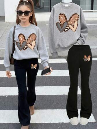 Set de 2 piezas para niñas preadolescentes con elementos en forma de corazón, de tela cómoda, para actividades callejeras y estilo diario de primavera y otoño. Ropa para niñas preadolescentes