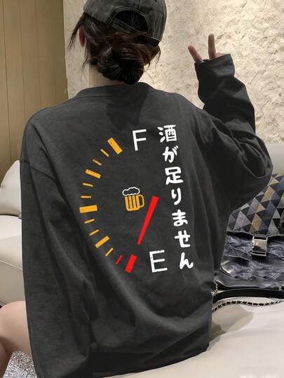 女士宽松卡通印花长袖T恤，适合春秋季休闲穿着