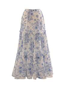 Falda A-line con volantes y estampado elegante de unicolor, ropa de invierno para mujer - Azul - Ver 3