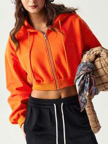 250g Strickstoff einfarbiger Reißverschluss Kapuzen Kurz Lässig Locker Sweatshirt, Frühling/Herbst