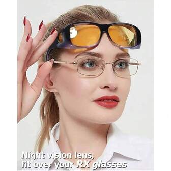 男女通用夜视驾驶眼镜，可戴在环绕式眼镜外，黄色防眩光镜片