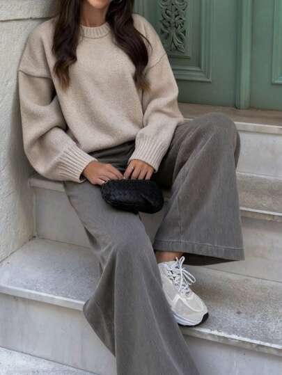 Suéter feminino casual de malha folgada com gola redonda da FOR BEAUTY, novo modelo pulôver de manga comprida para outono/inverno, ideal para o dia a dia e para o trabalho, perfeito para o Ano Novo.