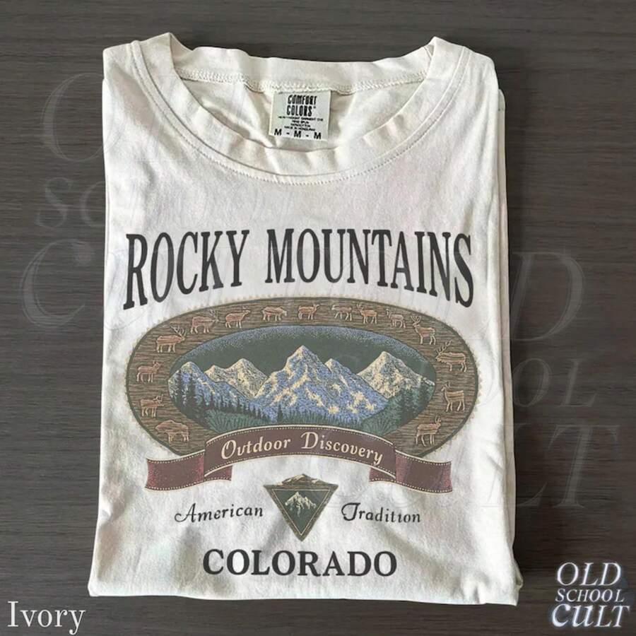 Vintage Rocky Mountains Colorado T-Shirt, Outdoor Discovery Graphic Tee, 90s Mountain Hiking Shirt, Ivory Nature Top - trắng - Xem 1
