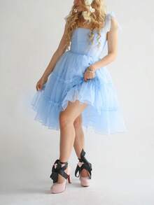 Tulle Prom Dresses Ruffled Trim Tie Back Sleeveless Long Formal Evening Dresses For Women A-Line Open Back Cocktail Ball Gown - 淺藍色 - 查看 4