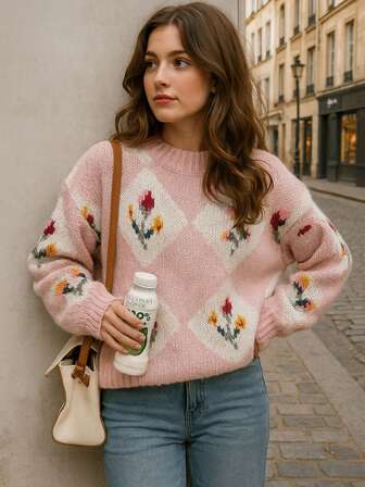 Suéter de punto holgado y lindo con estilo retro estadounidense, estampado de flores, para uso diario, versátil y casual, ideal para Navidad, Año Nuevo y otras ocasiones