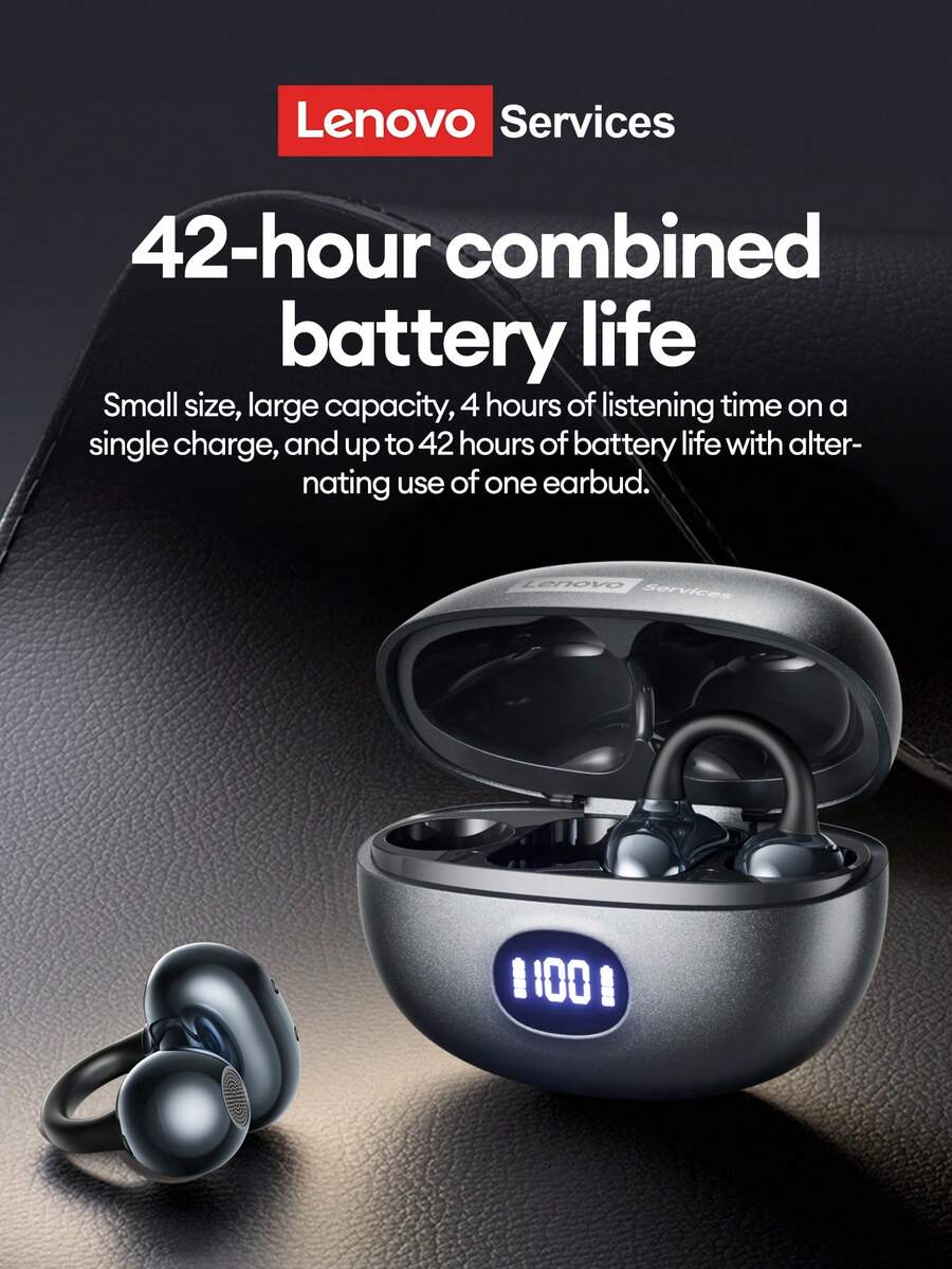 Lenovo LES-103 Bluetooth Earphones, Ear-Clip Style, Bluetooth 6.0, ENC Call Noise Cancellation, Super Long Battery Life, LED Display, Surround Sound, Directional Audio, Wireless Earphones Compatible With Smartphones & Computers - màu đen - Xem 1