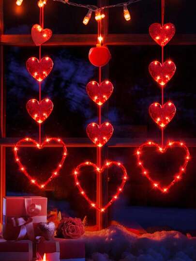 3pcs Valentine's Day Window Lights Decor, With Timer, Battery Powered, Hanging Red Heart Outline Suction Cup LED Lights, Suitable For 2026 Holiday Fireplace Indoor Home Decor