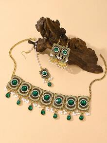 4pcs/Set Vintage Palace Style Purple Jewelry Set, Including Faux Pearl Headpiece, Rhinestone Necklace And Earrings, Suitable For Women's Party Or Wedding, Also An Ideal Valentine's Day Gift - 水滴型幾何項鍊4件套 - 查看 3