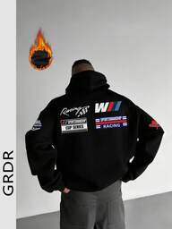 Herenhoodie met racecultuur-grafische print, thermisch gevoerde zak, herfst/winter