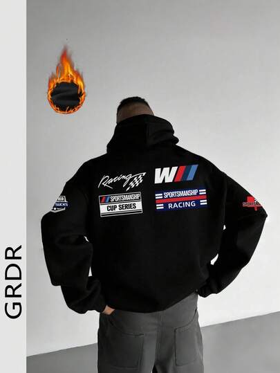 sweat-shirt à capuche pour hommes avec imprimé graphique sur la culture des courses automobiles, poche doublée thermique, automne/hiver