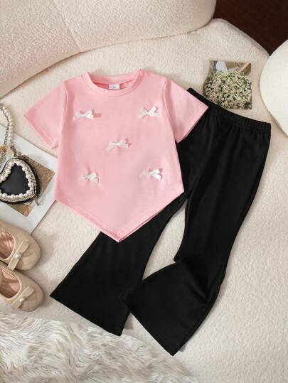 2pcs/Set Girls Casual Asymmetric Hem Bow Decor Short Sleeve T-Shirt And Flare Pants Outfit, Summer