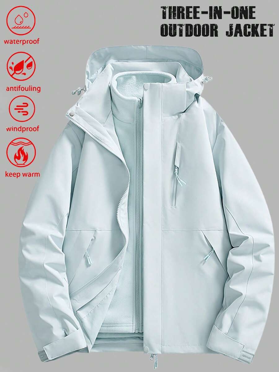 三合一女士户外外套套装，防风防水保暖连帽软壳外套，带可拆卸保暖内胆，抓绒材质，适合滑雪。