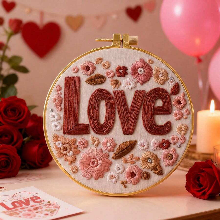 Valentines Day Embroidery Starter Kit Letters Flower Hand Stitch Craft Learning Set Present - Burdeos - Ver 1