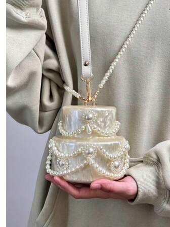 1pc White Fashionable Acrylic Cake Shaped Women's Evening Bag, With Detachable PU Wrist Strap And Adjustable Pearl Shoulder Strap, Suitable For Wedding, Party, Vacation As Gift. Clutch, Crossbody, Shoulder Bag