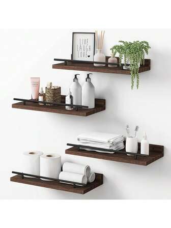 Black Wooden Floating Shelf With Black Metal Guardrail - Bathroom Wall Decorative Storage Shelf For Storing Toiletries And Paper Towel Rolls, Floating Metal Frame, With Black Metal Horizontal Bar, Wall Decorative Shelf, Rustic Wooden Wall Shelf, Suitable For Bathroom, Bedroom, Living Room, Kitchen,