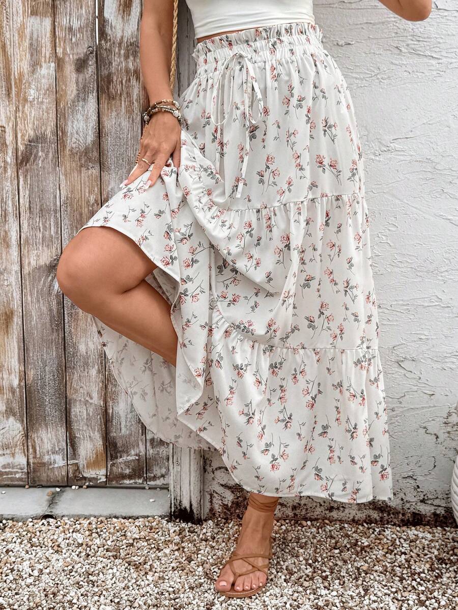 High Waist Tiered Floral Maxi Skirt For Women Boho Summer Flowy Long Skirt Vacation Spring White - White - View 1
