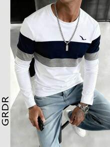 GRDR 秋季新款撞色商务休闲圆领男士长袖T恤 - 藍白色 - 查看 1