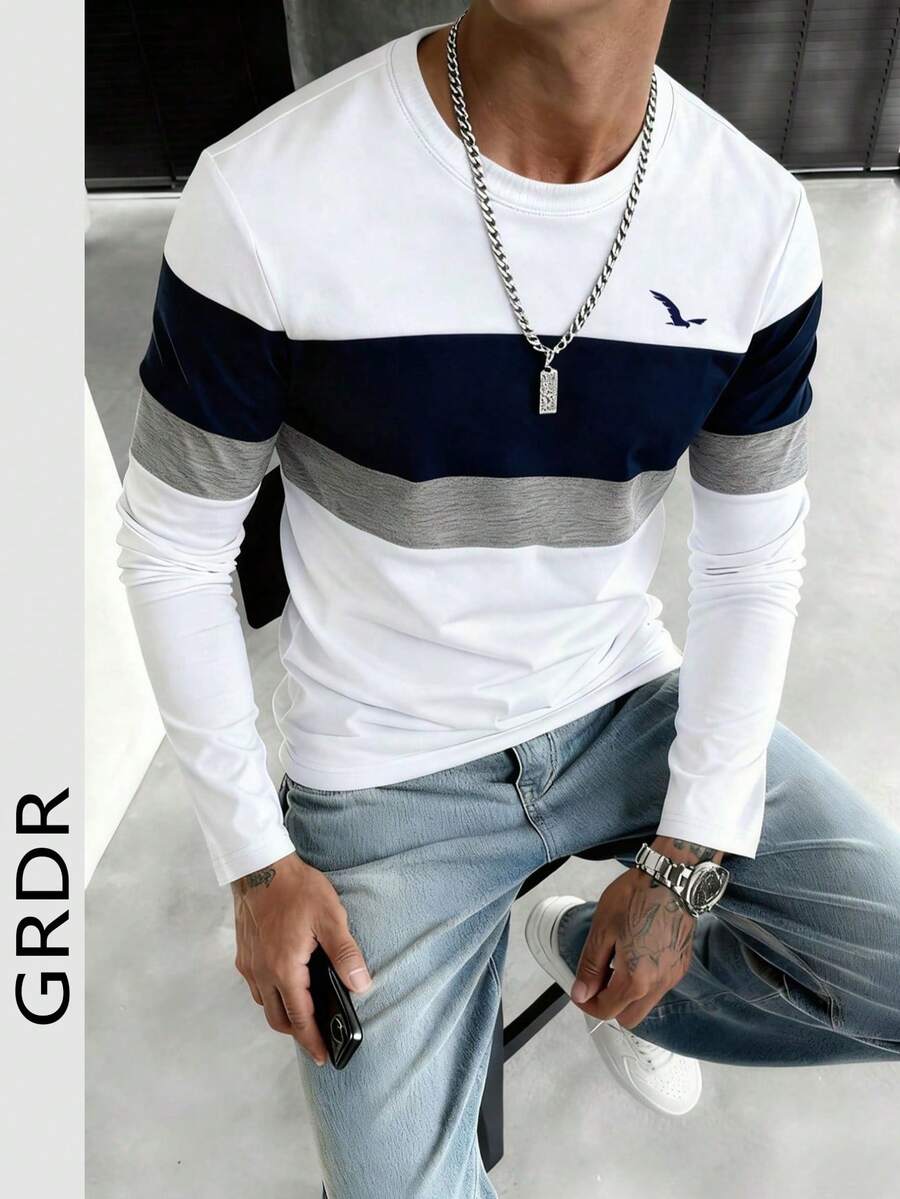 GRDR 秋季新款撞色商务休闲圆领男士长袖T恤 - 藍白色 - 查看 1