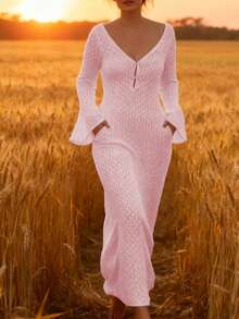 女式大码新款时尚性感沙滩度假休闲镂空长袖中长款金属钉纽扣针织宽松连衣裙，春夏秋 - 粉色 - 查看 5