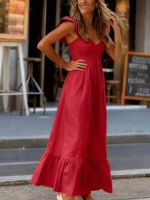 女士春夏连衣裙，红色，时尚休闲，纯色，简约舒适，无肩带设计，优雅短袖连衣裙