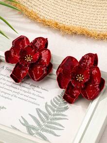 一对复古不对称花叶纹理金色几何耳环，独特女士礼物，适合夜店佩戴 - 紅色 - 查看 5