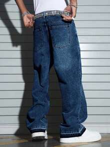 Men's Casual Straight Leg Washed Denim Jeans - Dark Wash - View 2