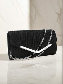 Rhinestone Embellished Women's Evening Clutch Bag, Small Envelope Style Handbag, Satin Shoulder Chain Handbag, Shiny Purple Cocktail Purse - Black - View 9